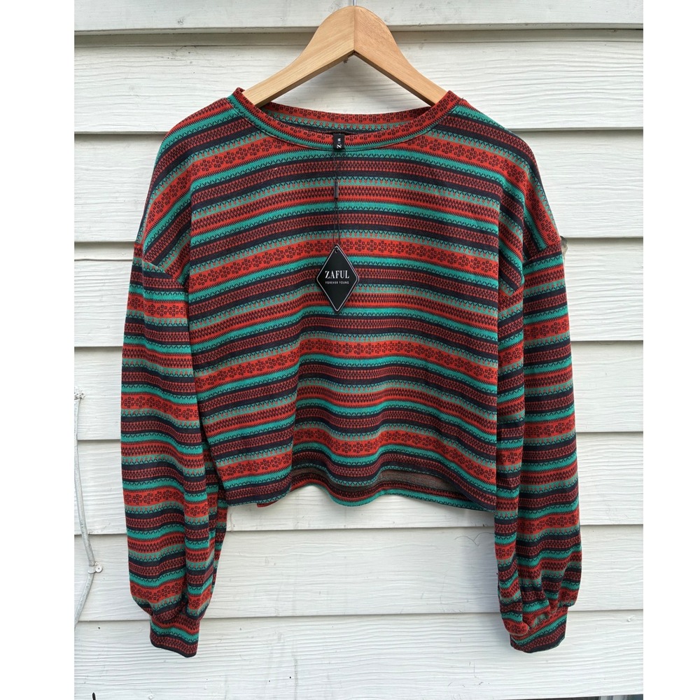 Zaful Forever Young Boho Striped Cropped Long Sleeve Top Red Green XS NWT hippie